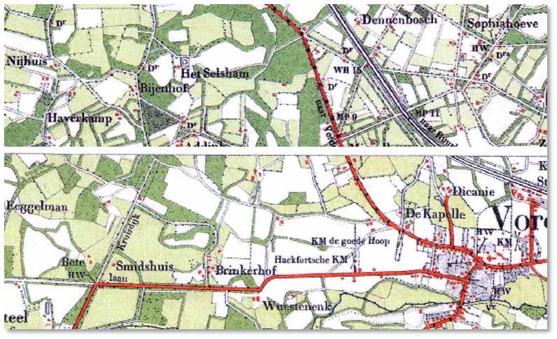 Uitsnede van de historische topografische kaart anno 1880. Het plangebied ligt de cirkel.