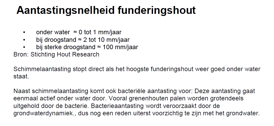 C.. Funderingshout hoort ruim onder water te staan Benodigde grondwaterdekking volgens het F3O funderingsonderzoeksprotocol Aantastingssnelheid D.