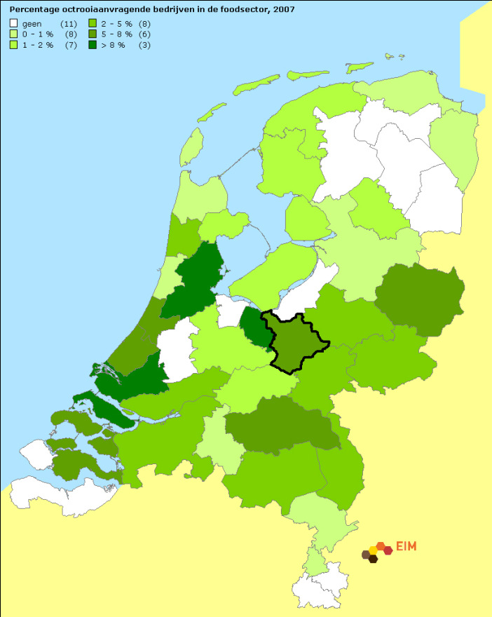 Figuur 6 Percentage octrooiaanvragende bedrijven in de foodsector (2007) Bron: EIM o.b.v. KvK/NL Octrooicentrum, 2011. 4.