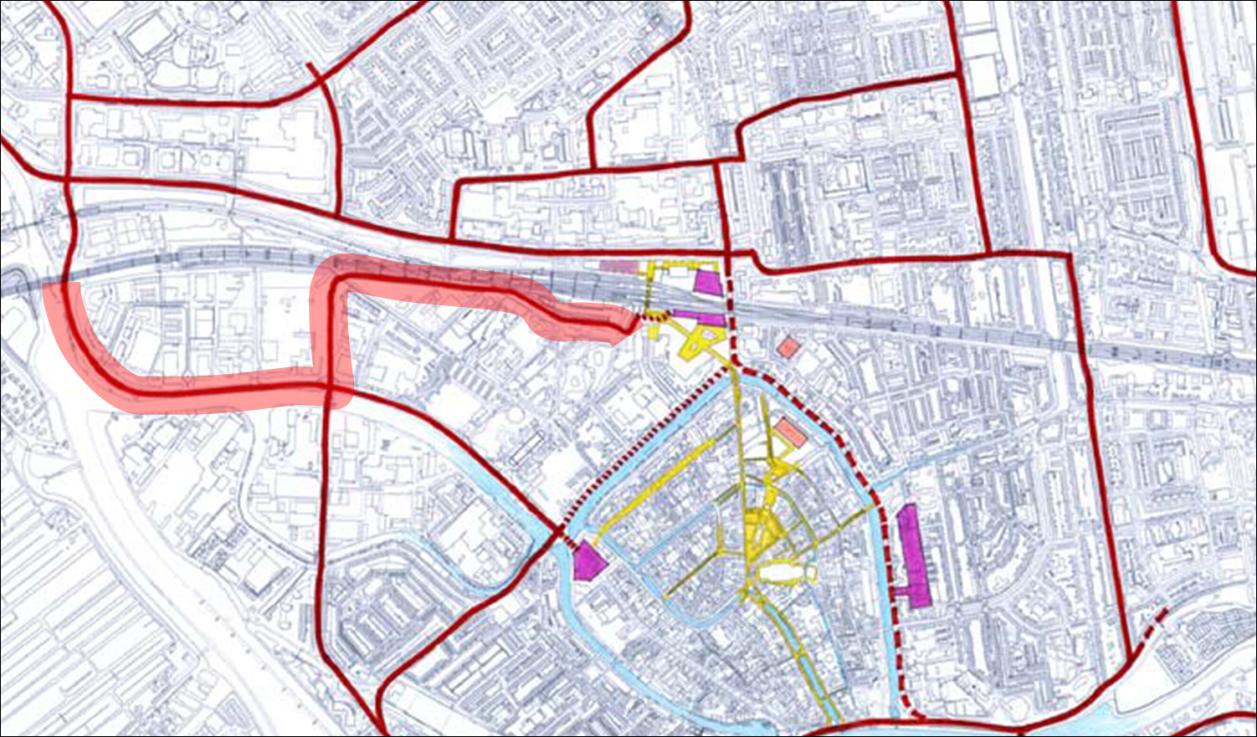 Een belangrijke verbetering van het oorspronkelijke plan betreft de aanleg van een nieuwe ontsluitingsweg voor het gebied: de Van Hofwegensingel (zie onderstaande afbeelding).
