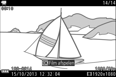 Films bekijken Films worden aangeduid met een 1-pictogram in schermvullende weergave (0 35). Druk op J om weergave te starten.