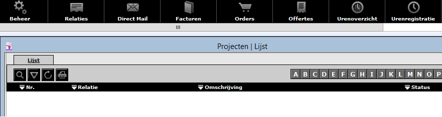 6.0 Projecten Voor projecten gaat u naar het icoontje in de Menubalk Dan belandt u op het scherm met de lijst met projecten: 6.