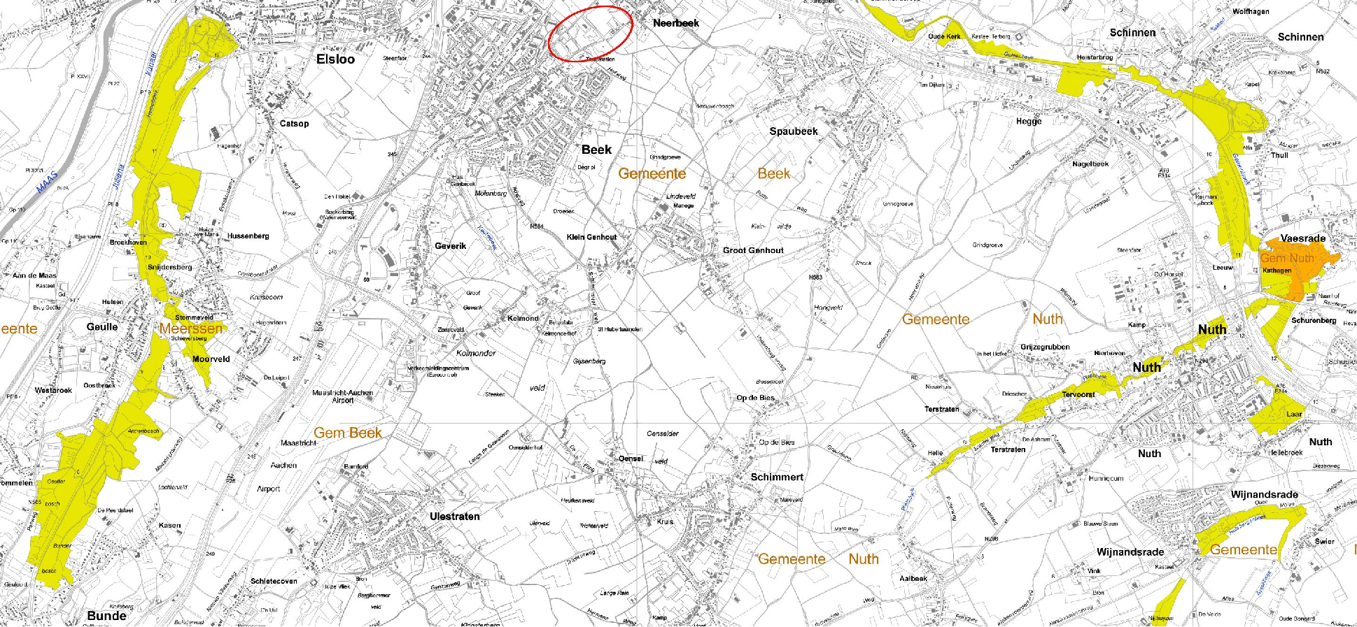 Blad 6 Afbeelding 4: Ligging van de beide Natura2000-gebieden Bunder- en Elsloërbos (westen; geel) en Geleenbeekdal (oosten; geel/oranje) ten opzichte van het sportpark De Haamen (bron: Ministerie