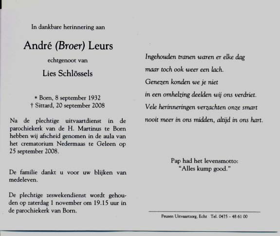 VIh. Alice (Lies) Schlössels, geb. Einighausen 6 juli 1937, tr. JA (Broer) Leurs, geb.