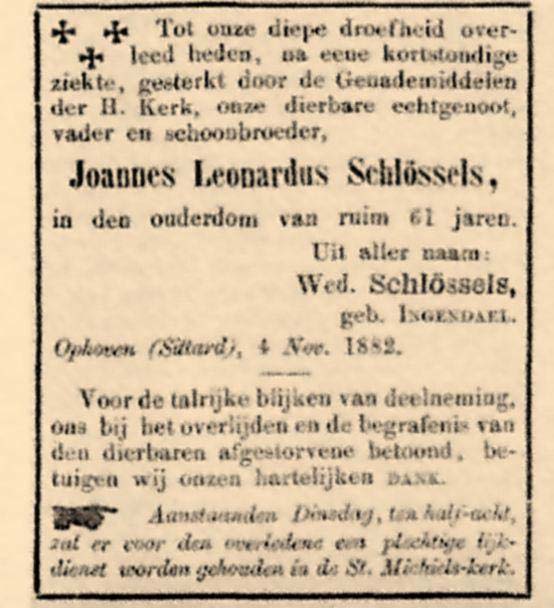 IIIa. Joannes Leonardus Schlössels, geb. Limbricht 11 jan. 1821, Ophoven-Sittard 4 nov. 1882, tr. Limbricht 8 jan. 1855 Anna Catherina Ingenda(a)(e)l, geb. Limbricht 29 maart 1827, ald.