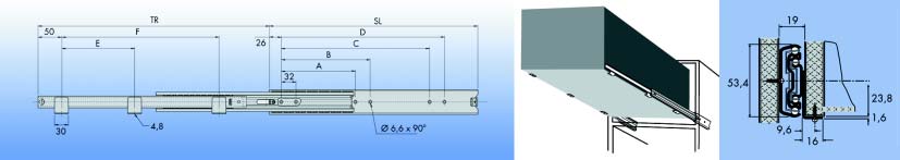 GELEIDERS GELEIDERS EN SCHUIFDEURBESLAG Accuride geleider type 5517 - draagkracht 60 kg (geleiders van 450 mm) - boorpatroon: 32 mm - voor bodemmontage of omgekeerde montage voor werkblad - niet