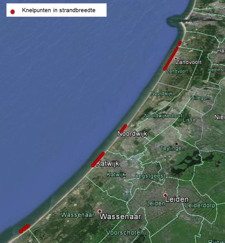 Figuur 6.2 Knelpunten in strandbreedte voor strandgebruik Rijnland (Decisio, 2011) Zandvoort heeft het drukste toeristische strand van Noord-Holland met 50.