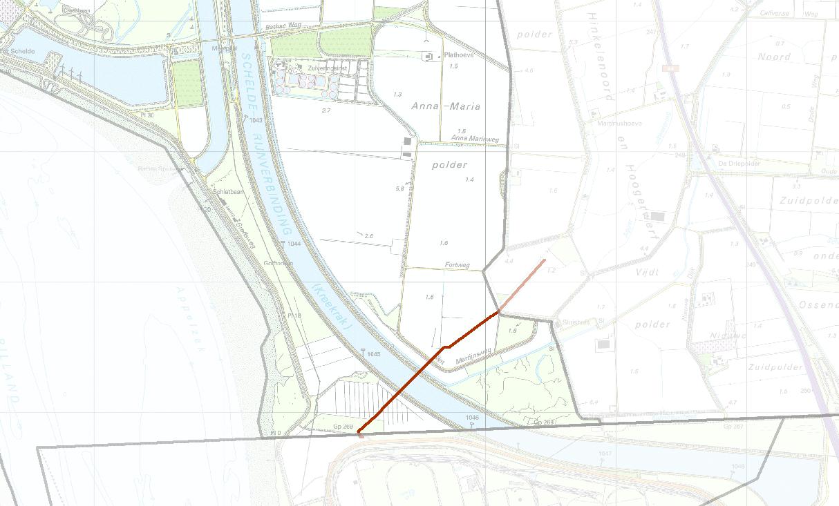 Externe veiligheid K1-leidingen buitengebied Reimerswaal 11 4. Aan te leggen K1-leiding Figuur 4 toont het tracé van de aan te leggen ondergrondse K1-leiding in de Anna-Maria polder.