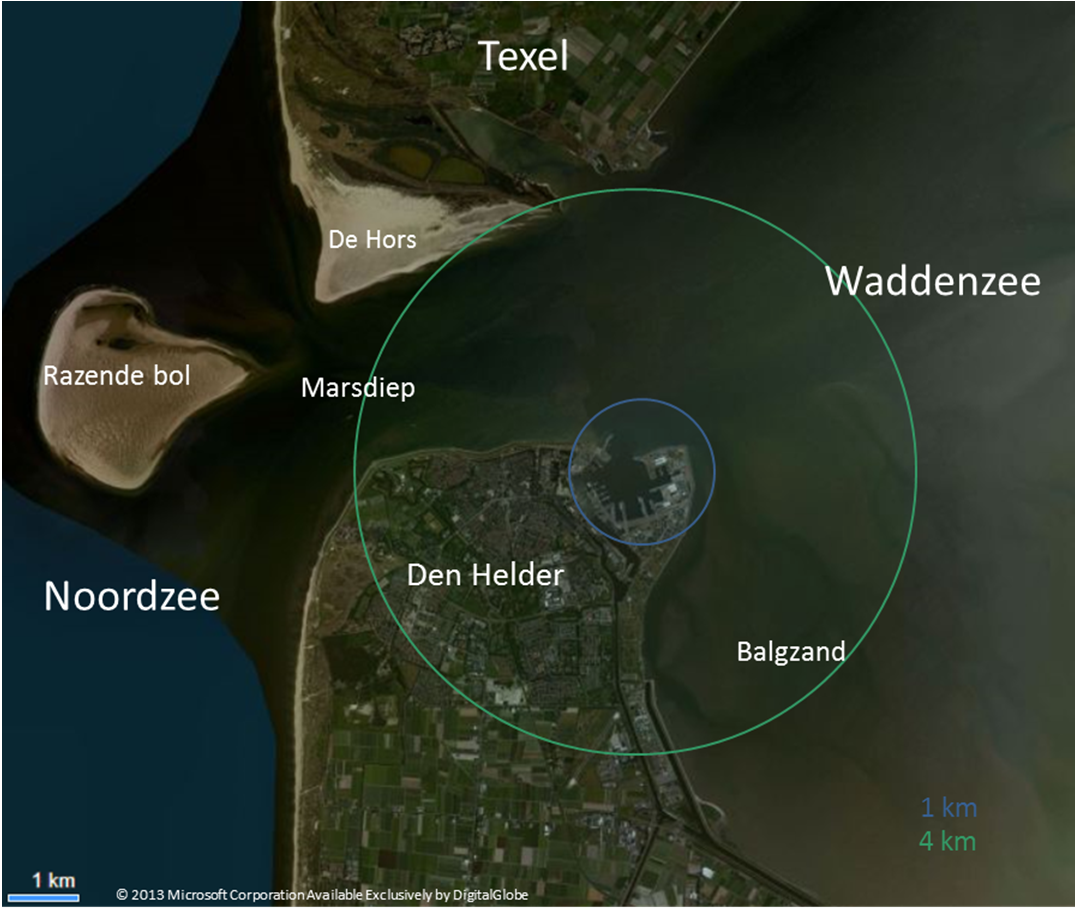 Figuur 2 Studiegebied rondom de geplande locatie voor het ontsteken van vuurwerk, met contouren met een straal van 1 km voor het zoekgebied van de