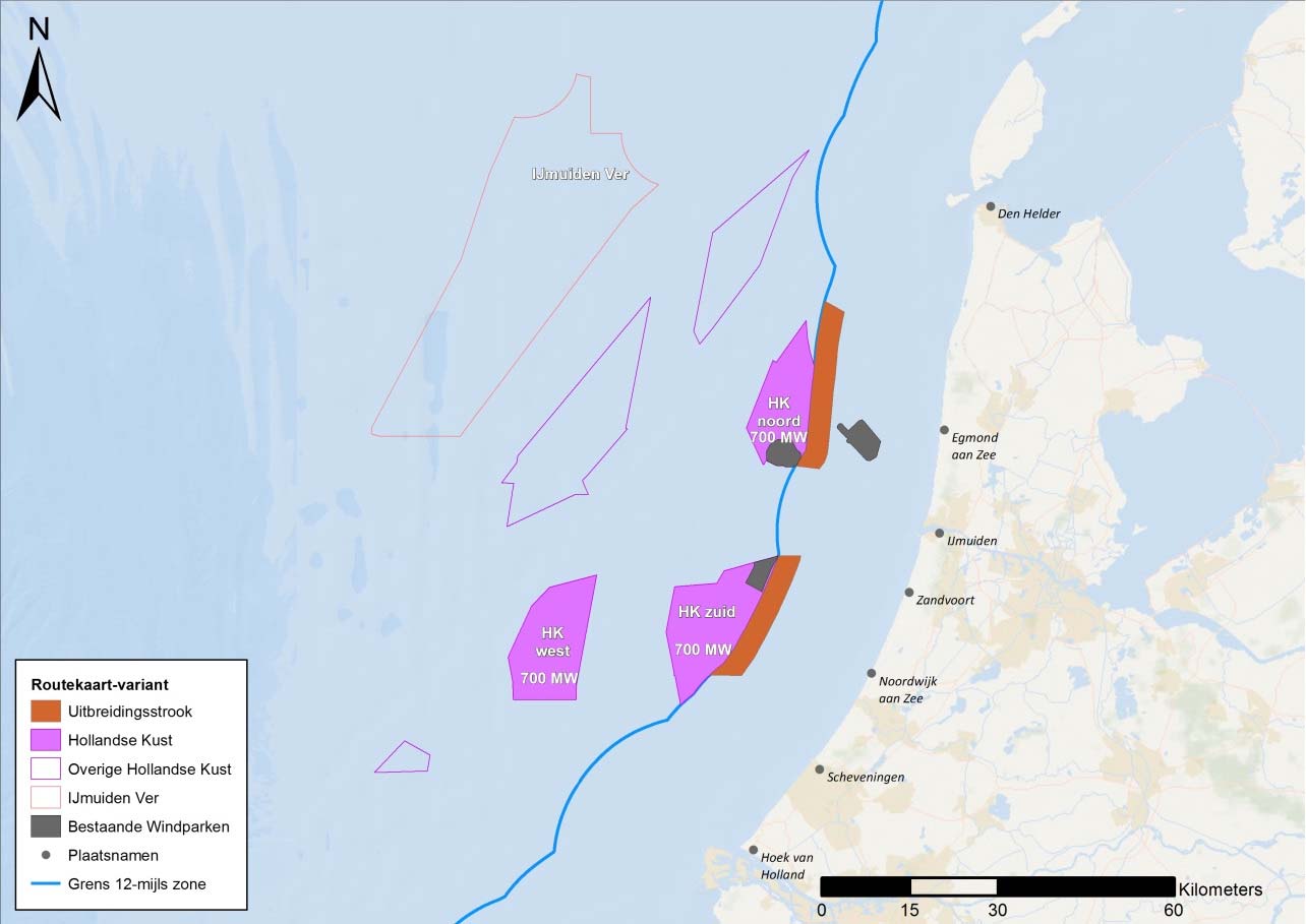 Figuur 5: Variant met aanwijzing volgens de Routekaart Voorkeursvariant In de voorkeursvariant worden Hollandse Kust Zuid en Hollandse Kust Noord beide met een extra gebied uitgebreid ten opzichte