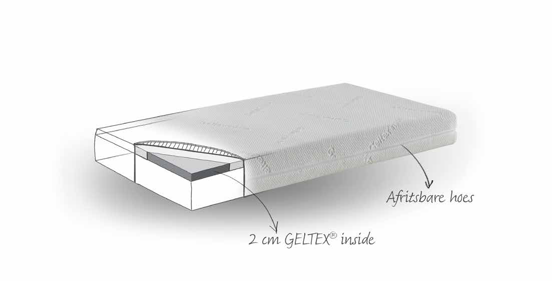 GELTEX inside topmatras GELTEX inside babymatras - GELTEX inside topper van 6 cm - Totale hoogte: ± 7 cm - GELTEX inside toplaag van 2 cm - Totale hoogte: ± 12 cm - Extra elastisch, afritsbare hoes,