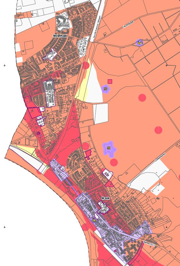 Uitsnede Archeologische beleidskaart Gemeente Mook en Middelaar De hele kern en zuidrand van Mook zijn aangewezen als gebieden met een hoge archeologische verwachtingswaarde.