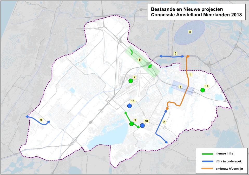 Figuur 5 Overzicht van bestaande en nieuwe projecten t.b.v. het openbaar vervoer in Concessiegebied Amstelland-Meerlanden Voor het gebruik van bepaalde infrastructuur gelden beperkingen.