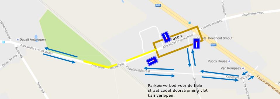 Wegomleiding & bereikbaarheid Fase 1 Afsluiten Alexander Franckstraat vanaf Provinciesteenweg tot halfweg Alexianenweg (thv Alexander