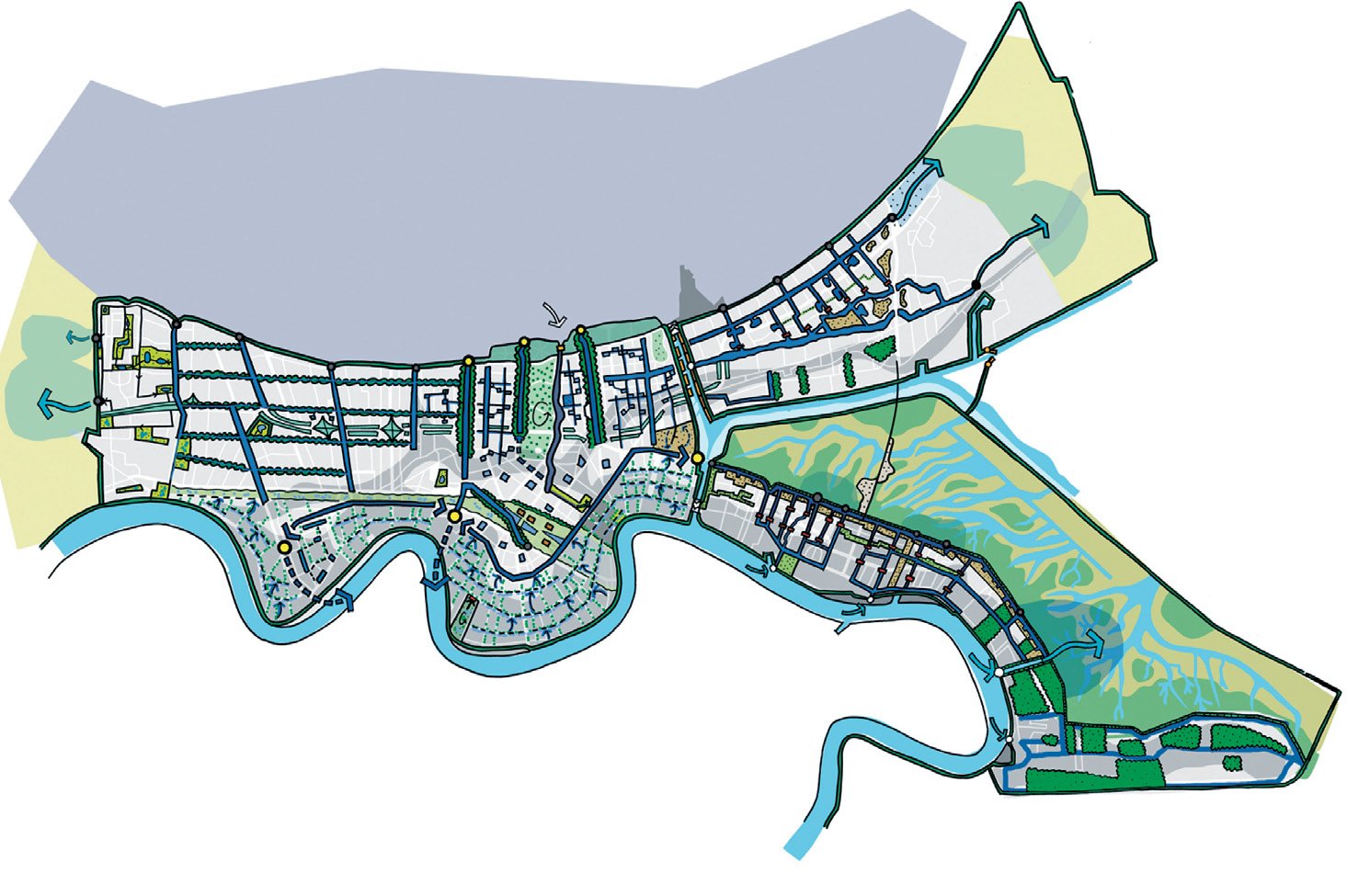 Ervaringen met de aanpak van regenwater overlast in bebouwd gebied 154 Figuur 12.16 Toekomstig watersysteem voor een duurzaam en dynamisch New Orleans, bron: H+N+S, 2013. vergroten.