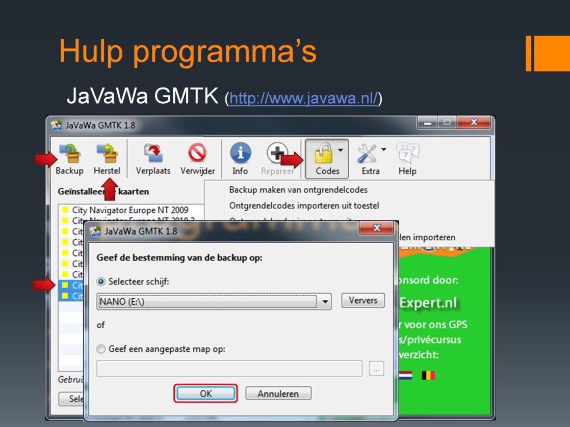 Het programma JaVaWa GMTK kan gebruikt worden om een backup te maken van de kaartbestanden. Deze backup kan worden opgeslagen op bijvoorbeeld een USB stick.