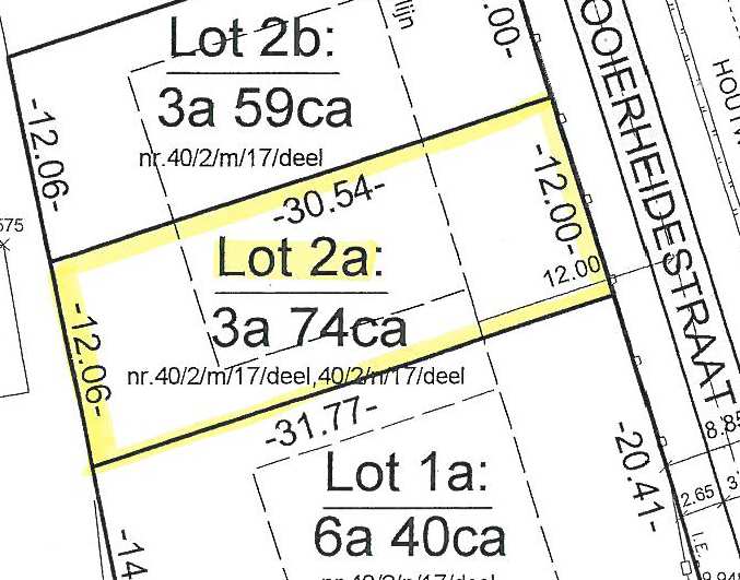 Rooierheidestraat, verkaveling V0732: lot 2A: sie A, nr. 40/02/X/18, 3a74ca 56.100,00 Min. 3m van de zijdelingse perceelsgrens Bouwdiepte GLV: max 15m en op het 1 ste verd: max 11m max.