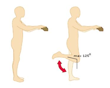 Rekken voorzijde bovenbeen Houd u ergens stevig aan vast voor de nodige steun. Maak een pas naar achteren met het geopereerde been. Houd uw geopereerde been gestrekt met de hiel aan de grond.