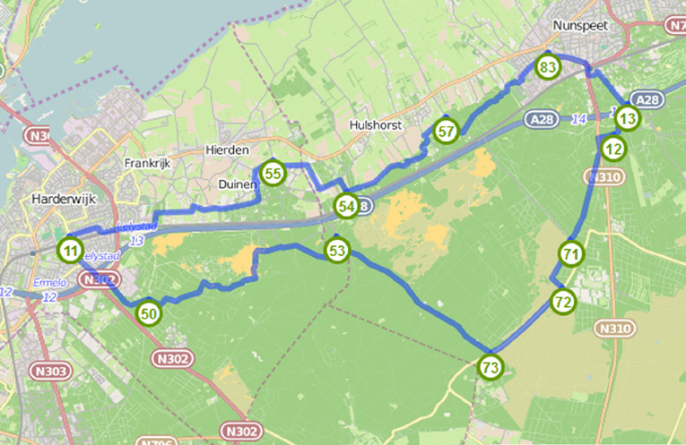 04 Gelderland Harderwijk - Beekhuizerzand - 34,1 km Fiets vanuit Harderwijk, langs het water en door een landelijke omgeving, via bossen heide over het Beekhuizerzand weer naar Harderwijk.