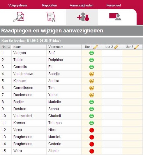 HOOFDSTUK 1. WEBSITE VOOR LEERKRACHTEN 17 Na het ingeven van de aan- en afwezigheden, klikt u op de knop om de wijzigingen op te slaan. Daarna komt u terug in het overzichtscherm van de leerlingen.