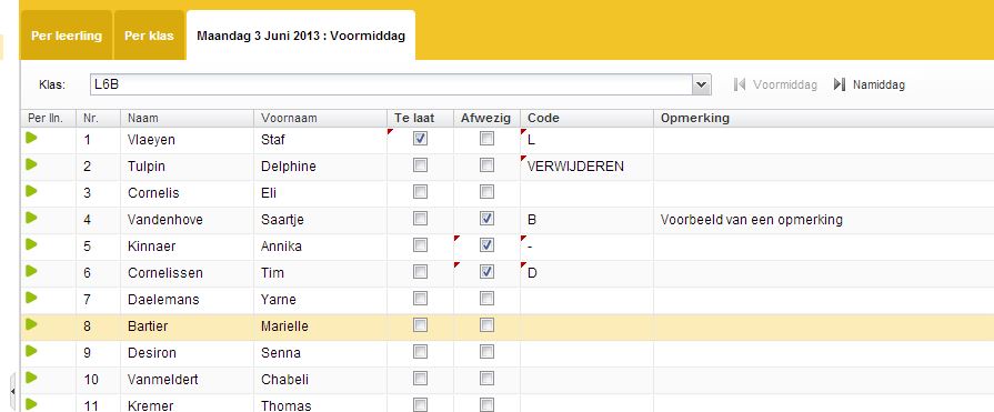 HOOFDSTUK 1. WEBSITE VOOR LEERKRACHTEN 8 Figuur 1.5: Overzichtscherm ingave afwezigheden per klas In dit overzicht kunt u per leerling aanduiden dat deze leerling afwezig of te laat is.