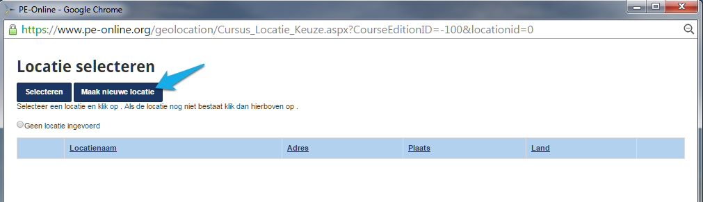 Locatie bijeenkomst invoeren U kunt via de knop Toevoegen achter de tekst Geen locatie ingevoerd, de locatie van de nascholing