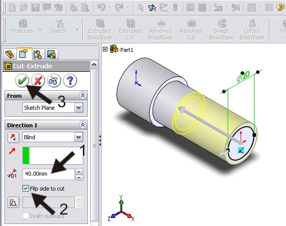 vervolgens op Extruded Cut om materiaal te verwijderen.