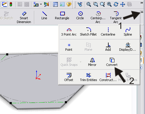 Voor veel features in SolidWorks moet je eerst een sketch maken. Je kunt dus niet bijvoorbeeld een edge of een lijn die al bestaat, meteen gebruiken in een nieuw feature.