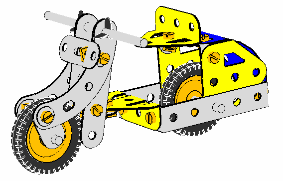 We gaan nu de kleine vork met het wiel goed zetten. UNHOOK een van de 2 boutjes van de no. s 10. Dubbelklik nu de andere no. 10 en dan het boutje van deze no. 10. Verdraai nu m.b.v. de grote groene pijl om het geheel in de juiste stand te draaien.