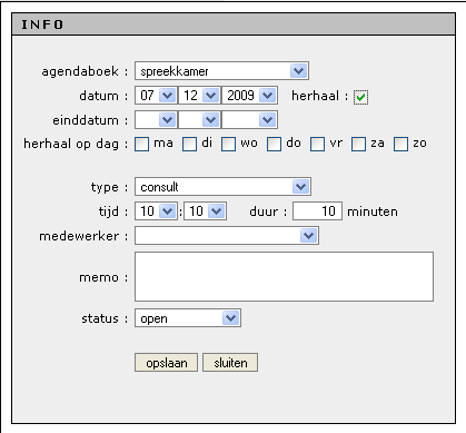 3 Afspraak maken 3.1 AFSPRAAK INVOEREN Wanneer u met de linker muisknop een plek in de agenda aan klikt, kunt u een afspraak maken en krijgt u het volgende pop-up venster in beeld (zie afbeelding 5.