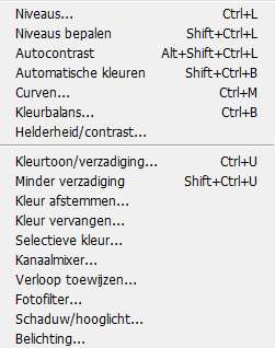 De belangrijkste items voor deze workshop uit het sub-menu aanpassingen van het dropdown menu afbeeldingen: Niveaus: aanpassen van lichte en donkere partijen Aut.