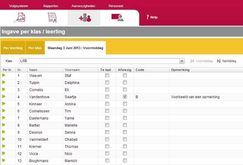 In dit overzicht kunt u per leerling aanduiden dat deze leerling afwezig of te laat is. Bij te laat vult het programma automatisch de code L in. Als u afwezig aanduidt, wordt de code - ingevuld.