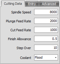 Number of Passes = Aantal diepte stappen Enter de volgende getallen voor de snijgegevens: Spindle Speed = Spiltoerental Plunge Feed Rate = Inloopvoeding Cut Feed Rate =