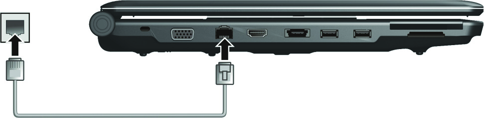 Volg de onderstaande instructies om de netwerkkabel met de LAN module te verbinden, moet u het einde van de LAN kabel met de RJ-45 aansluiting van de notebook verbinden en het andere einde in de