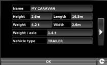 5.2a Caravan/camper Voertuigparameters instellen Ventura heeft een aantal gegevens over het voertuig zelf nodig, zoals de hoogte, het gewicht en de breedte, om een geschikte route te kunnen berekenen.