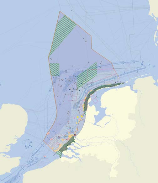 Kaart 1 Noordzee huidig ruimtegebruik basis grens territoriale wateren (12 mijlsgrens) doorgaande NAP 20m lijn Exclusieve Economische Zone 9 platforms voor olie- en gaswinning platform