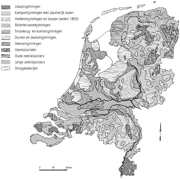 Figuur 10 Nederland ingedeeld in historisch geografische landschappen (Barends et al., 2000).