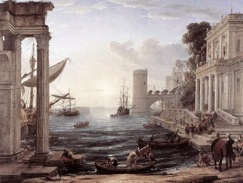 Informatie bij opdracht 3 Figuur 1, schilderij van Claude Lorrain van het schilderij Figuur 2, eenvoudige tekening (Embarkation of the Queen Sheba, 1648) In figuur 1 en 2 zag je één verdwijnpunt, het