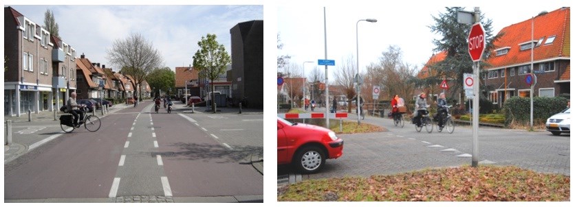 Figuur 5: Hoofdfietsroutes in Goes (links) en Gouda (rechts); verkeersluw en veilig fietsen (Foto: Ligtermoet&Partners) Als routes voor grotere aantallen herkomst-bestemmingsrelaties niet goed scoren