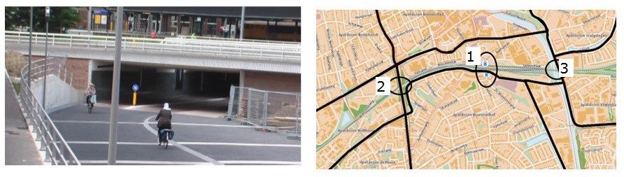 Figuur 8: links: fietstunnel in bij station Apeldoorn rechts: kaartje met de fietstunnel bij station Apeldoorn (nummer 1) en opties voor nieuwe fietsbruggen bij spoorviaducten in de Verkeersvisie