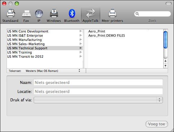 AFDRUKKEN INSTELLEN IN MAC OS X 14 EEN PRINTER TOEVOEGEN MET DE APPLETALK-VERBINDING OPMERKING: Gebruik deze procedure als de Integrated Fiery Color Server zich in een andere AppleTalk-zone bevindt