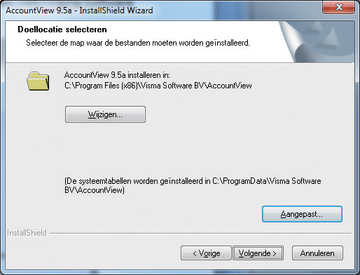 Het installatieprogramma geeft een doelmap aan (bijvoorbeeld C:\Program Files (x86)\visma Software BV\AccountView).