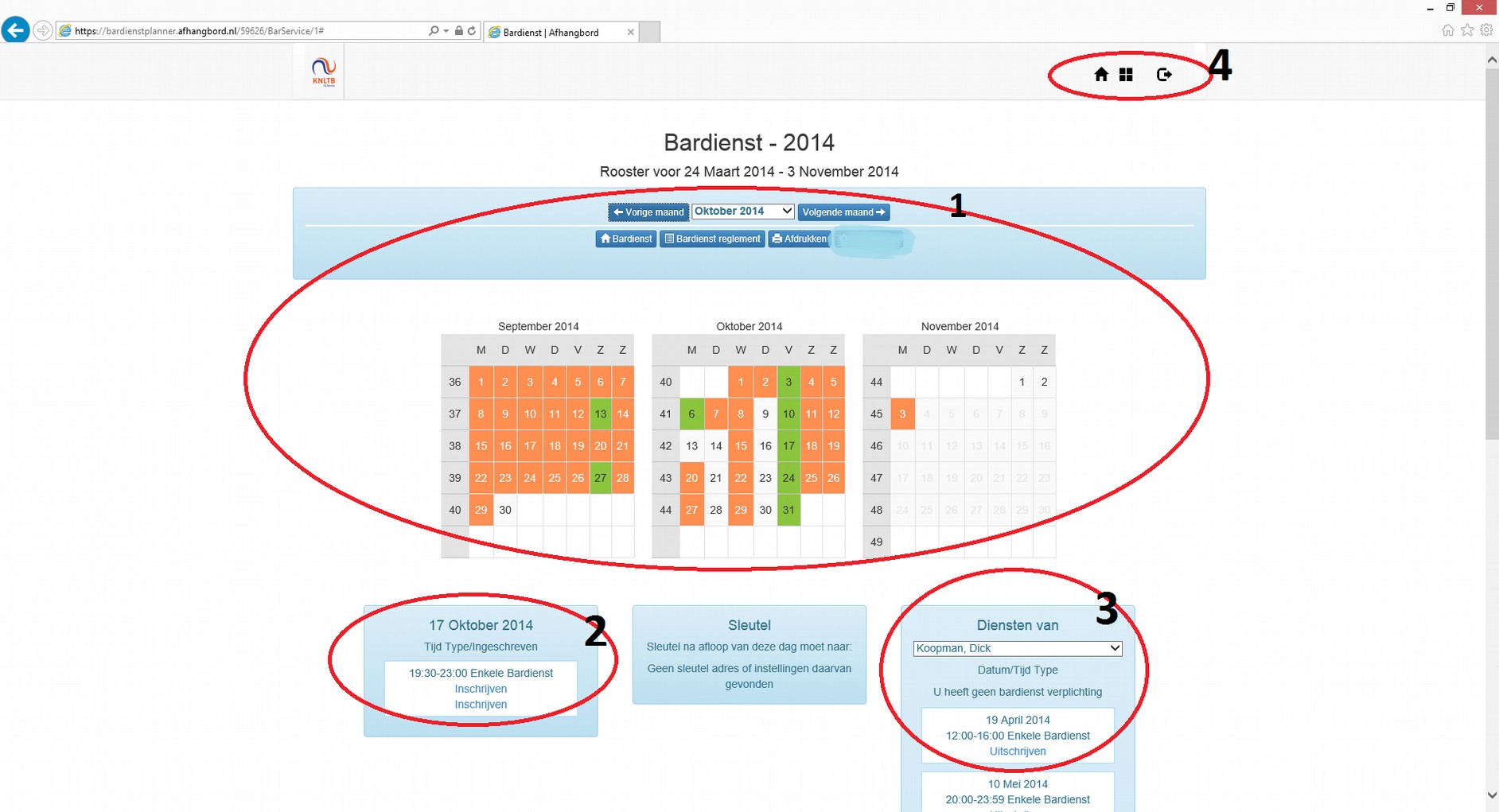 Afbeelding 4: De bardienstplanner 4A: De bardienst data (cirkel 1) In dit gebied worden de bardienstdata weergegeven. Op de datums die groen zijn weergegeven zijn bardiensten beschikbaar.