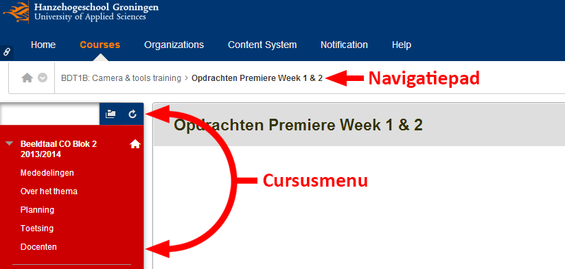 1.4 Navigeren in Blackboard In Blackboard kom je verschillende navigatiemiddelen tegen. De (sub-)tabs zijn in 1.2.1. aan de orde gekomen.