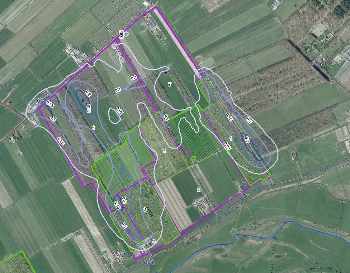 In figuur 5 wordt het effect van de maatregelen op de grondwaterstand bij een Gemiddelde Laagste Grondwaterstand (GLG) weergegeven. De blauwe contouren laten een verhoging van de grondwaterstand zien.