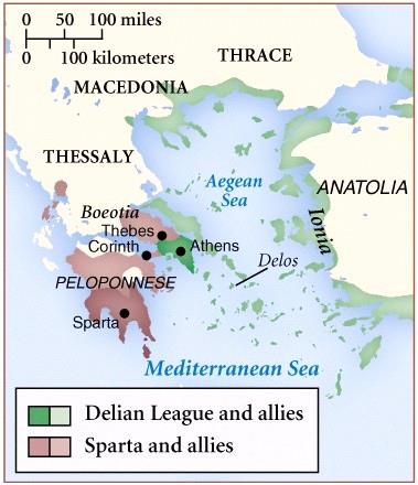 Afbeelding 2: de gebieden van de Delische en Peloponnesische Bonden.