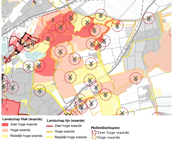 50 Landschap, cultuurhistorie en archeologie - dichte bebouwing en beplanting van de lintdorpen Rijpwetering en Nieuwe Wetering; - verspreide beplanting langs de Ade; - verspreid voorkomende molens