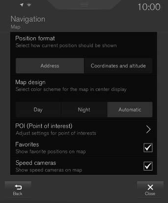 INSTELLINGEN U kunt instellingen verrichten ten aanzien van het volgende: Kaart (Map) - opties voor inhoud en uiterlijk van de kaart. Route (Route) - opties voor weergave en berekening van de route.