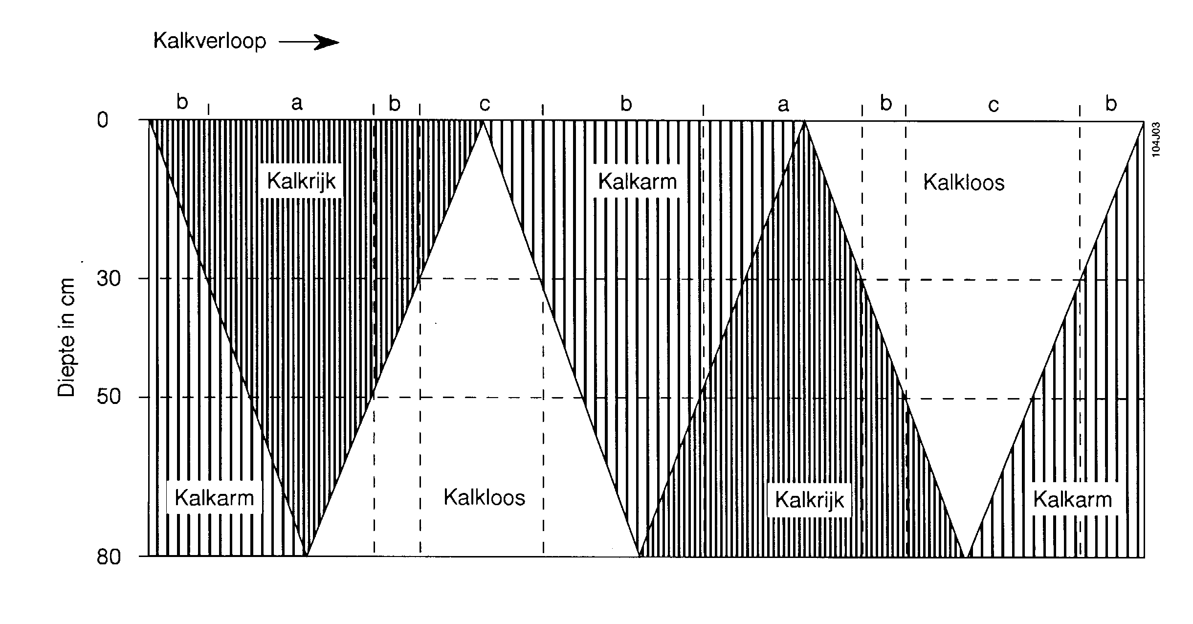Kalkverloop: Het verloop van het kalkgehalte in het bodemprofiel (fig. 3). Fig.