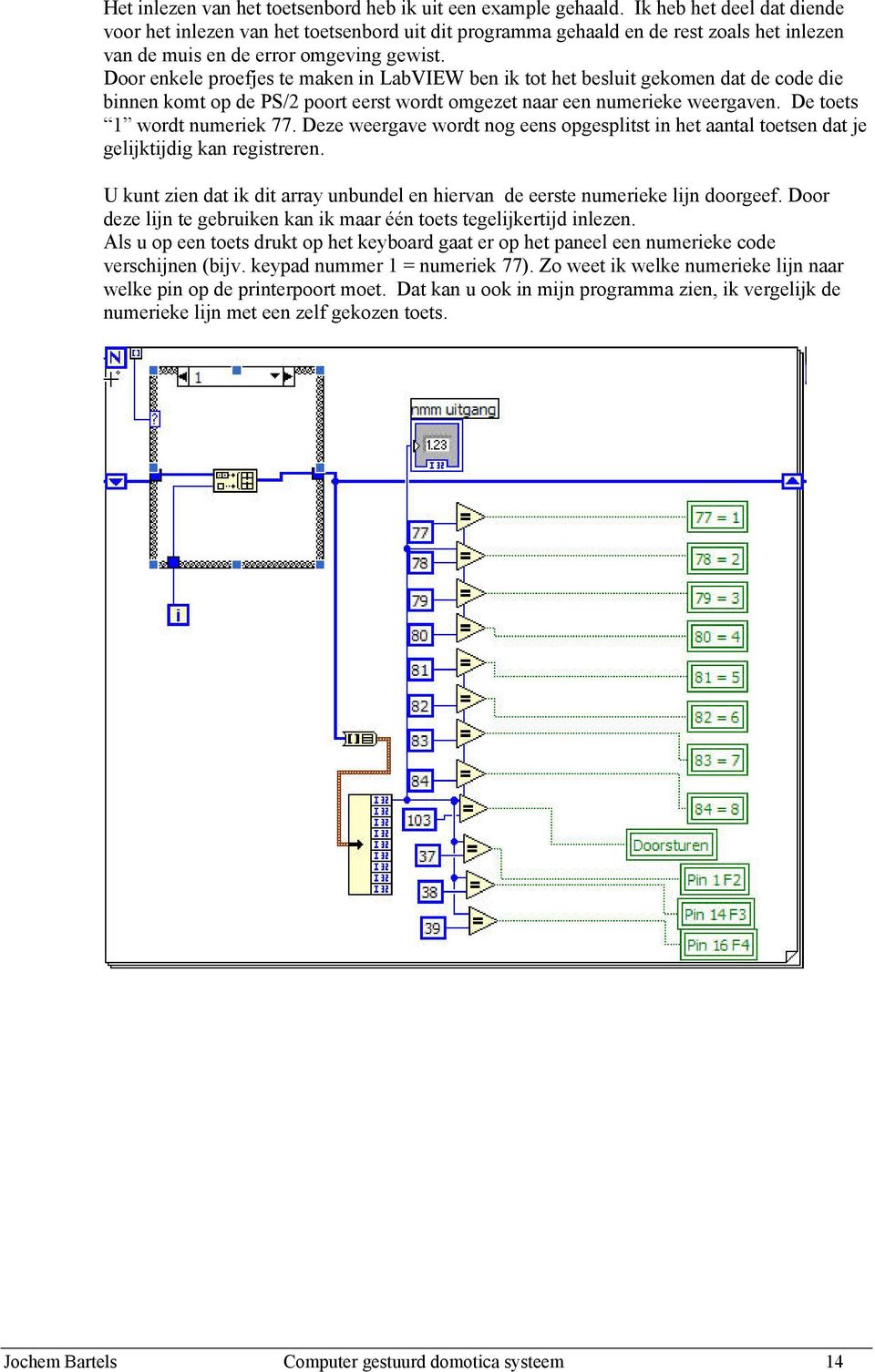 Door enkele proefjes te maken in LabVIEW ben ik tot het besluit gekomen dat de code die binnen komt op de PS/2 poort eerst wordt omgezet naar een numerieke weergaven. De toets 1 wordt numeriek 77.